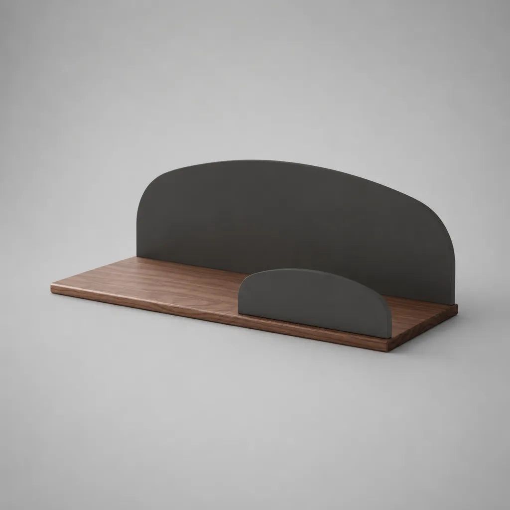 Scrivania in legno e metallo nero, forma arrotondata, marrone noce, 60 × 20 × 25 cm