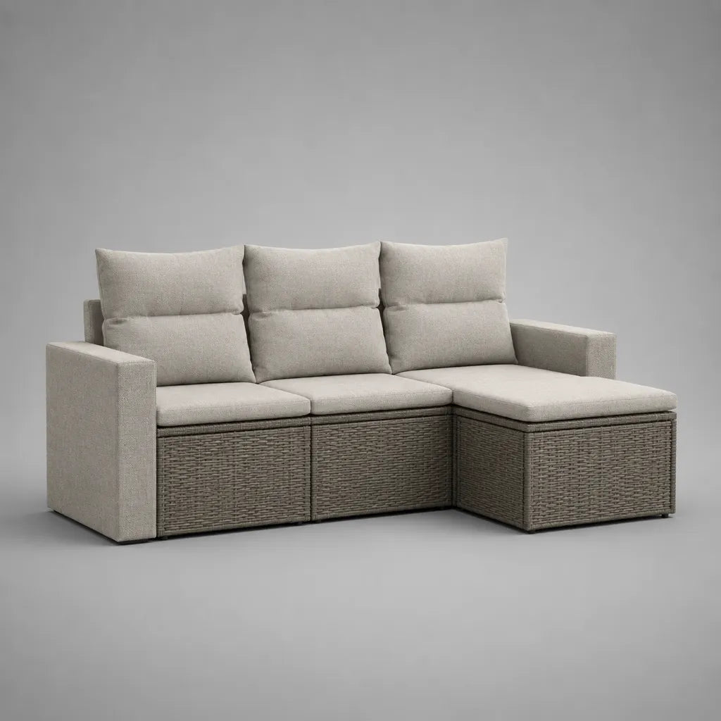 Divano da giardino ad angolo dritto 3 posti in resina intrecciata e tessuto, grigio taupe e beige chiaro, 225 × 145 × 90 cm