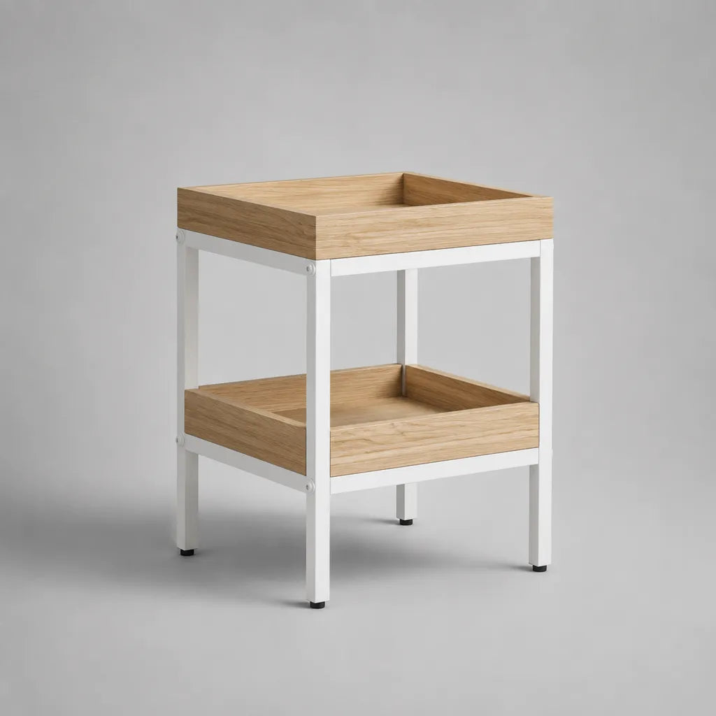 Tavolo laterale quadrato con 2 vassoi in bambù e acciaio bianco, 45 × 45 × 60 cm