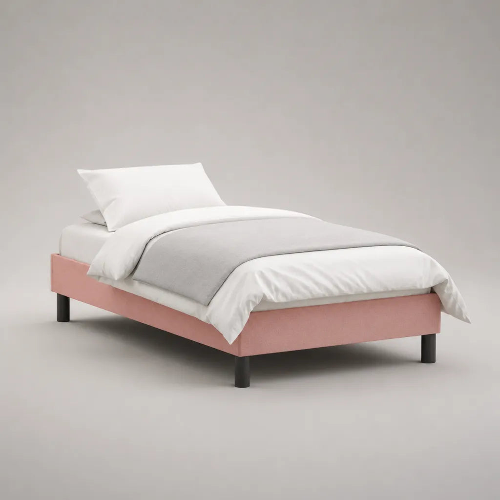 Letto imbottito in tessuto rosa e metallo nero, letto 90 × 200 cm, dimensioni 95 × 205 × 36 cm