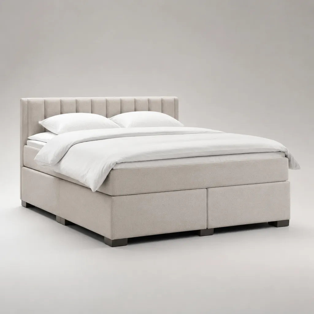 Letto matrimoniale rettangolare 160 × 200 cm in tessuto beige chiaro con materasso, materasso e testiera