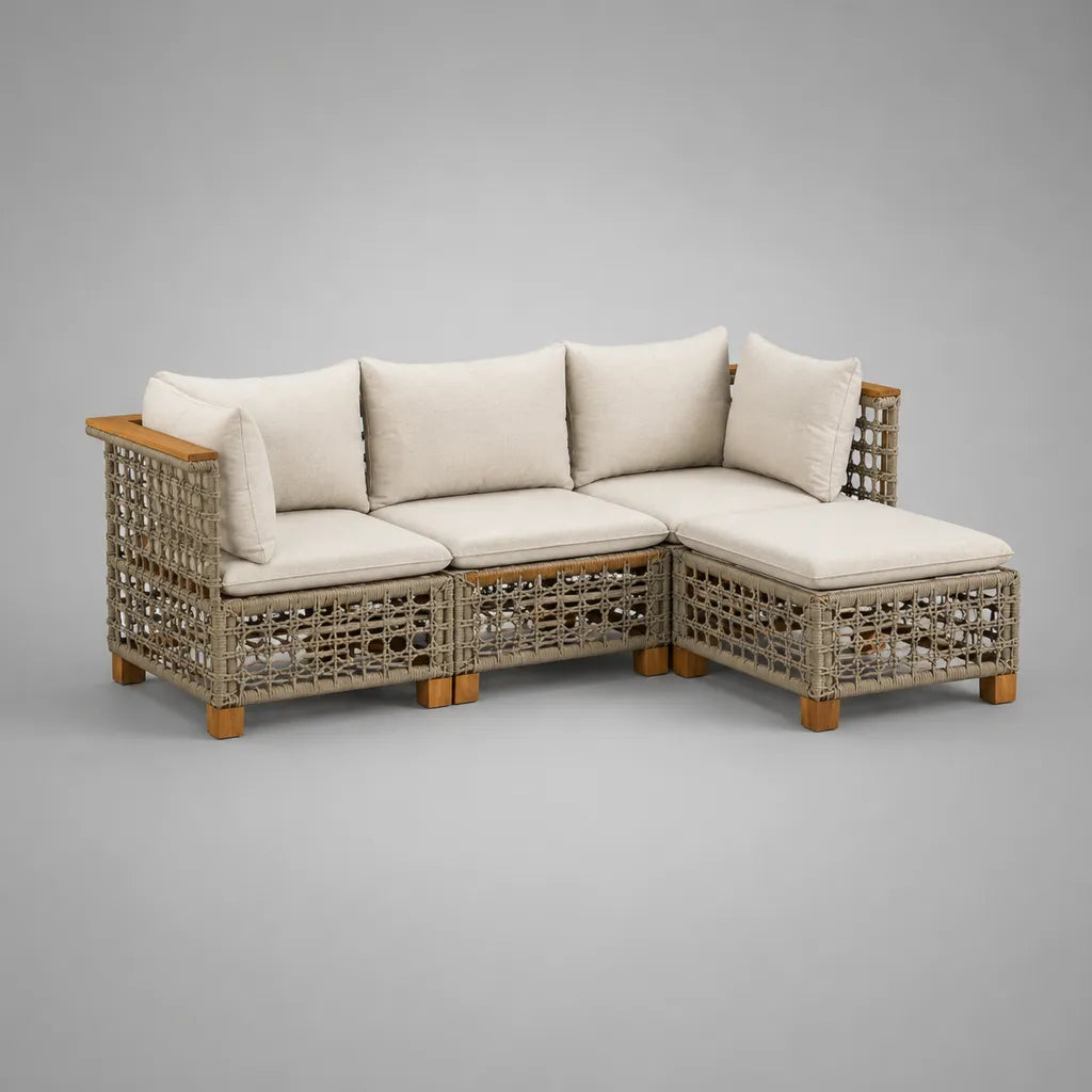 Divano da giardino a 3 posti con corda intrecciata meridiana, acciaio e legno, beige e taupe, 210 × 145 × 78 cm