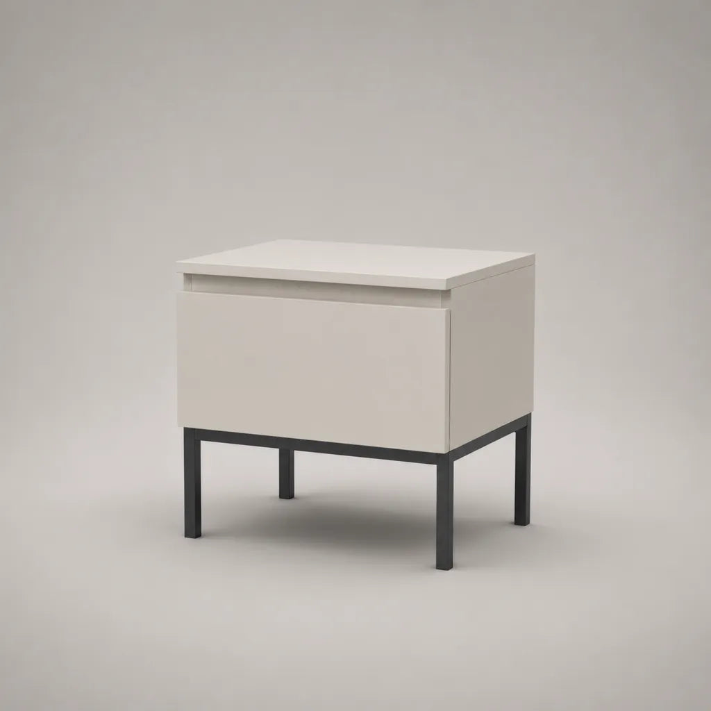 Comodino rettangolare con cassetto a particelle bianco e acciaio nero, 40 × 35 × 55 cm
