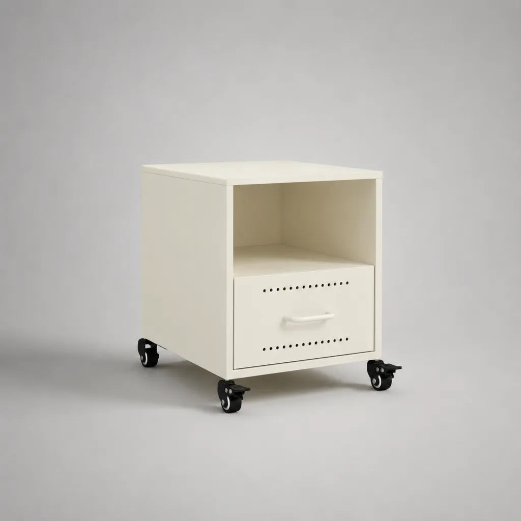 Comodino rettangolare in acciaio con cassetto, nicchia aperta e ruote, bianco e nero, 40 × 40 × 55 cm