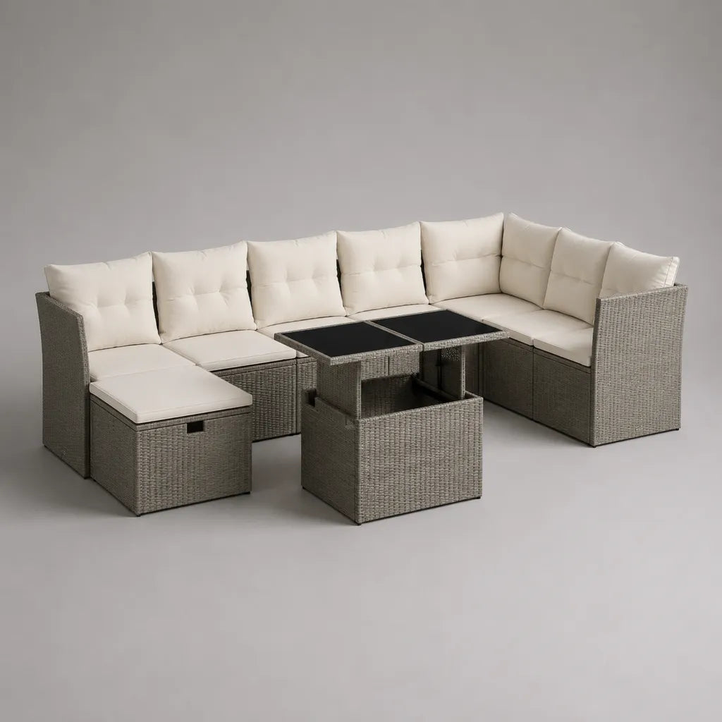 Salone giardino esterno con 8 sedili in resina intrecciata e acciaio grigio, cuscini crema, 2 tavoli quadrati, 250 × 190 × 75 cm