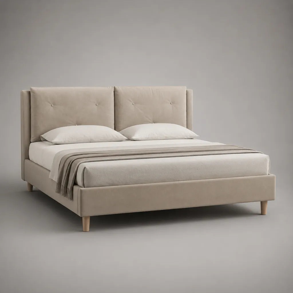 Letto matrimoniale imbottito in tessuto beige 160 × 200 cm con testa letto imbottita e leggeri piedi in legno