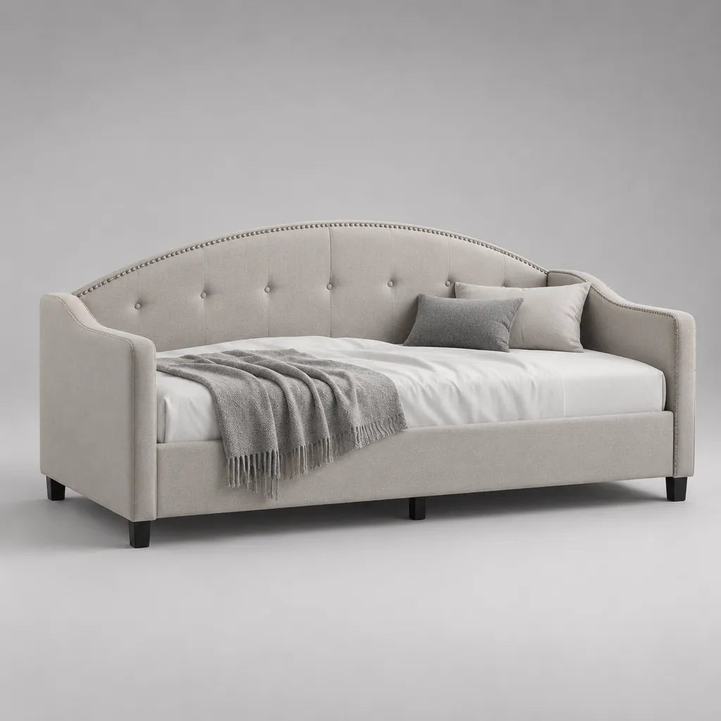 1 sedile letto 90 × 200 cm in legno e tessuto beige chiaro, schienale curvo e piedi neri