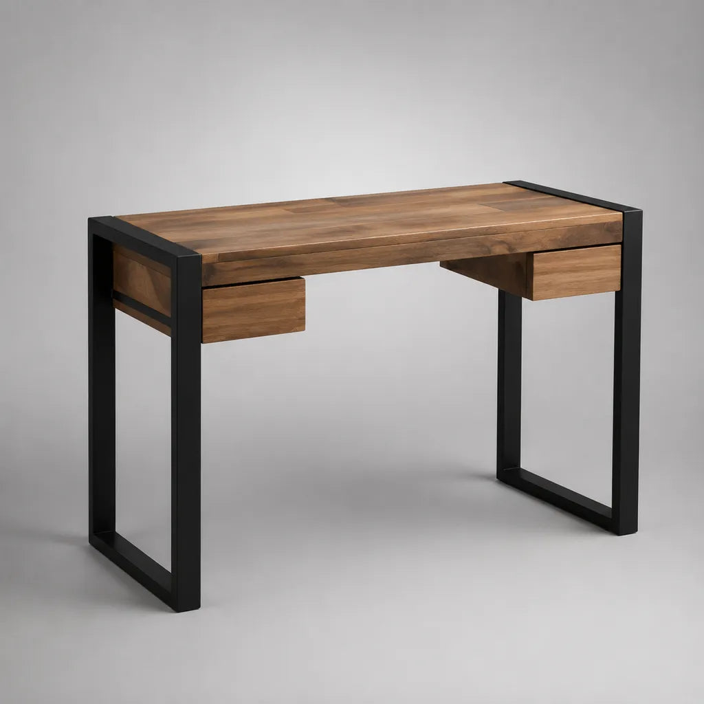 Scrivania rettangolare in manico massiccio e acciaio nero con 2 cassetti, marrone e nero, 120 × 55 × 76 cm
