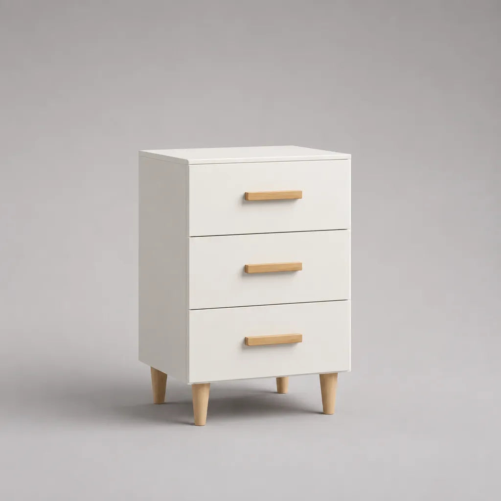 Comodino in legno con 3 cassetti, legno bianco e naturale, 40 × 35 × 65 cm