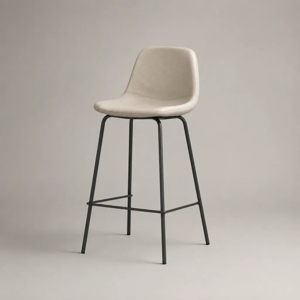 Sgabello imbottito beige con schienale curvo e acciaio nero pieticamente, 45 × 50 × 101 cm
