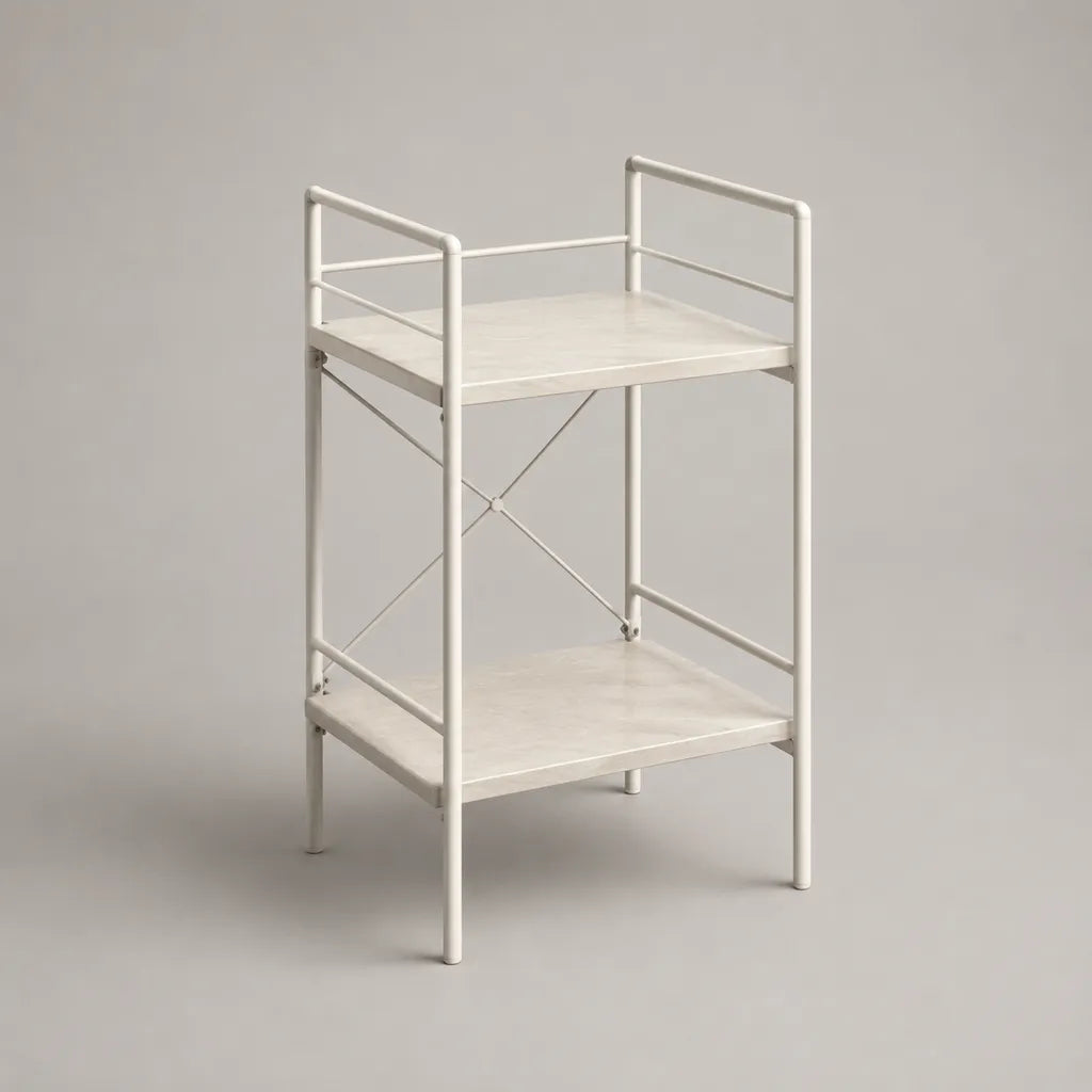 Tavolo rettangolare a 2 livelli in acciaio e legno bianco, 40 × 35 × 70 cm
