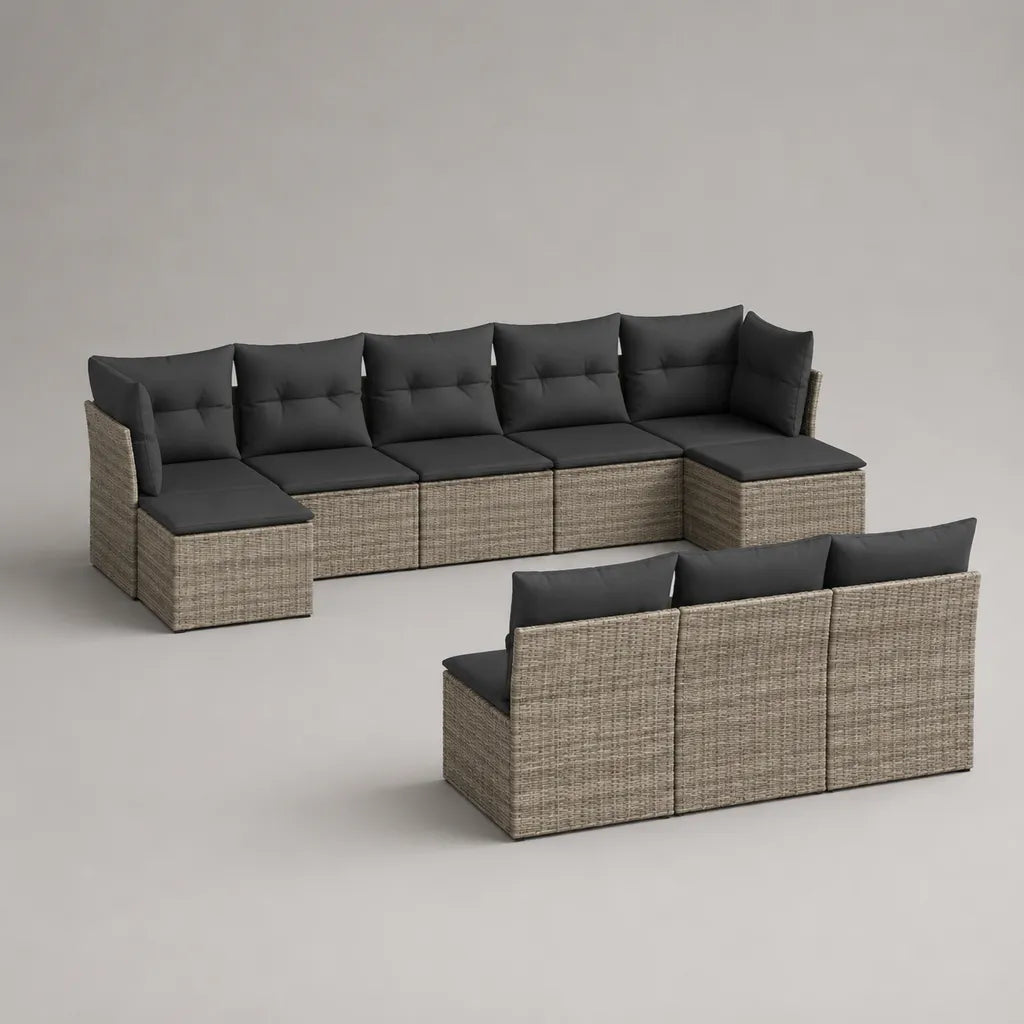 Mobili da giardino modulabile 10 pezzi in resina intrecciata PE e acciaio, talpa e antracite, 350 × 140 × 74 cm