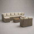 Mobili da giardino modulabile 7 camere in resina intrecciata, metallo, legno e tessuto, mole ed ecru, divano angolo 300 × 150 × 75 cm, 2 poltrone e tavolino 65 × 65 × 35 cm