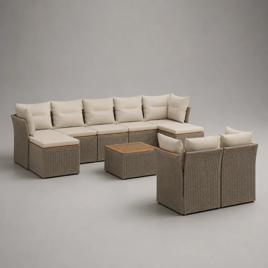 Mobili da giardino modulabile 7 camere in resina intrecciata, metallo, legno e tessuto, mole ed ecru, divano angolo 300 × 150 × 75 cm, 2 poltrone e tavolino 65 × 65 × 35 cm