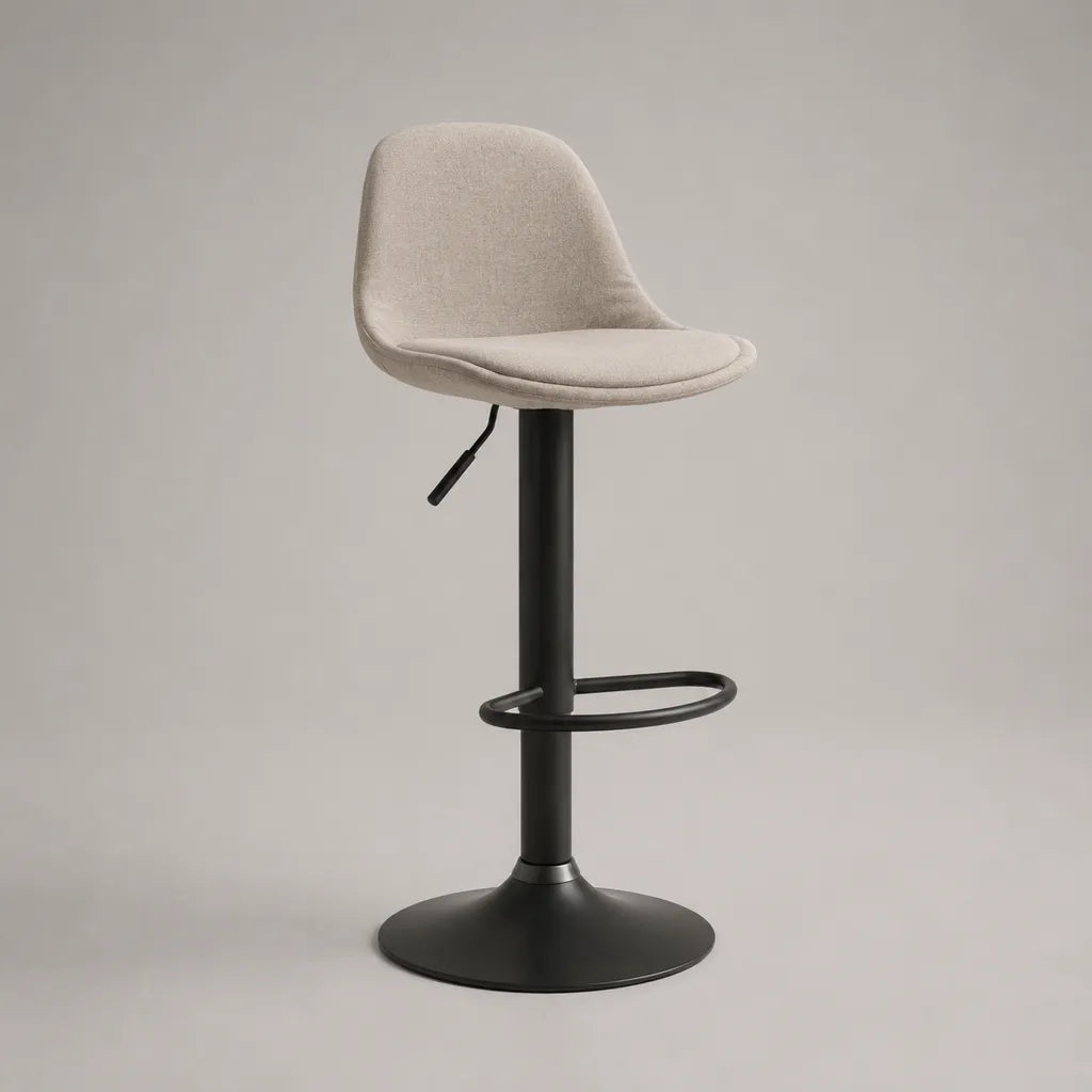 Sgabello da bar regolabile e girevole in poliestere beige con piede in acciaio nero, 48 × 52 × 86–107 cm