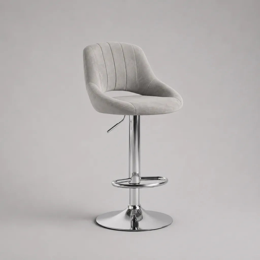 Sgabello da bar girevole regolabile in velluto grigio e metallo cromato, 53 × 50 × 84–105 cm