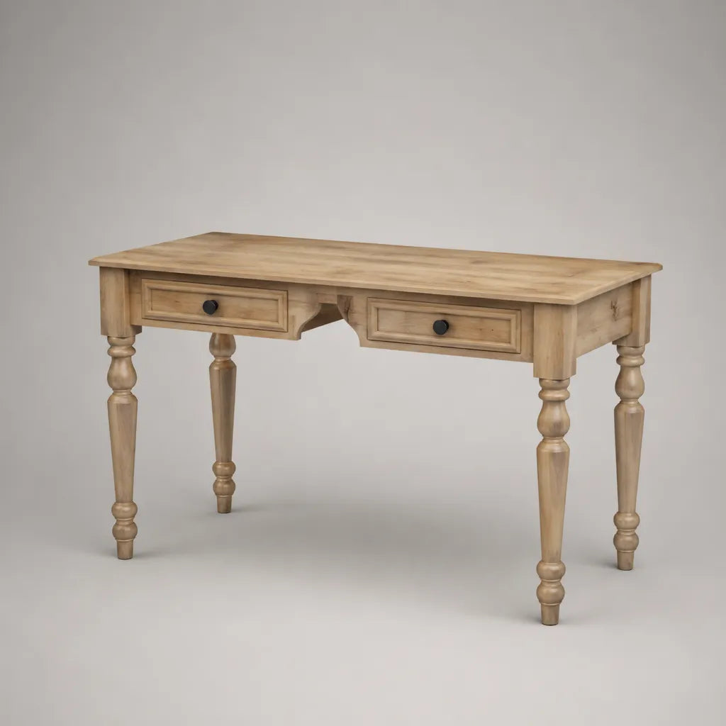 Scrivania rettangolare in legno massello con 2 cassetti, marrone chiaro e nero, 120 × 55 × 76 cm