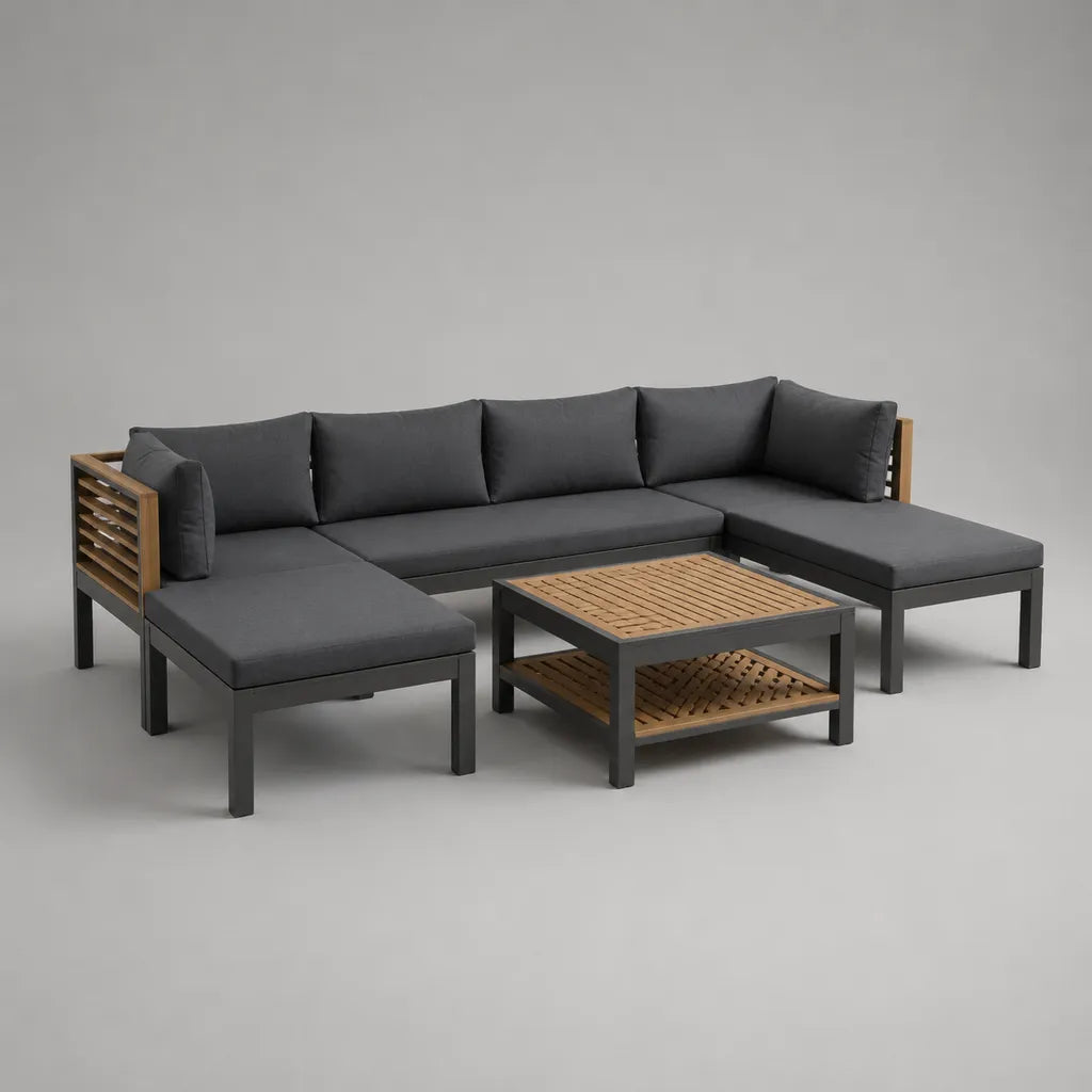 5 posti da giardino esterno con tavolino, alluminio antracite, acacia massiccia e tessuto grigio scuro, 280 × 170 × 76 cm