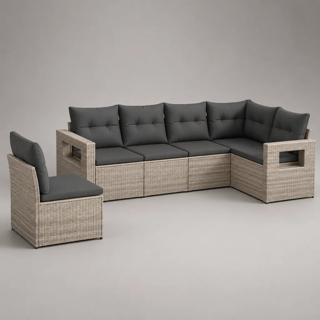 5 elementi salone da giardino modulare con divano angolo a 4 posti e poltrona in polietilene intrecciato beige, cuscini grigi antracite, 255 × 140 × 74 cm