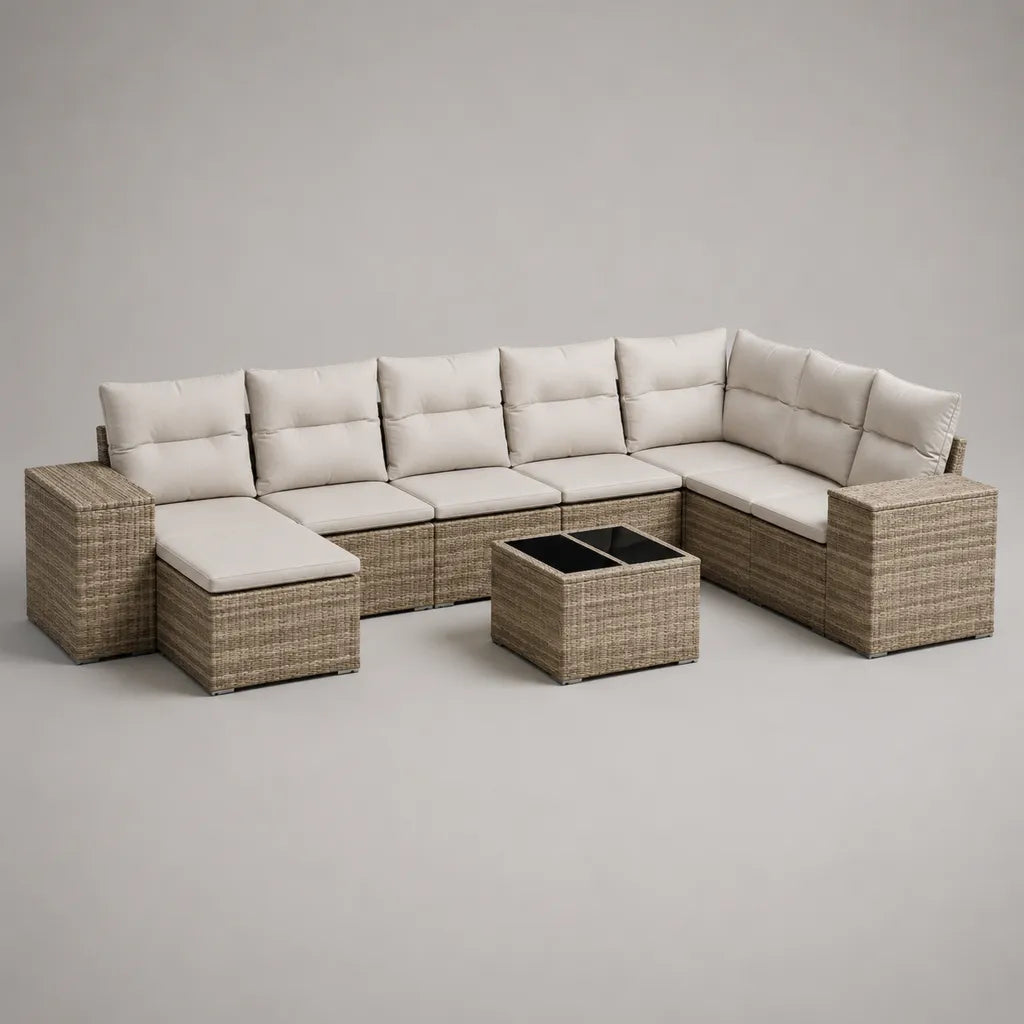 9 pezzi, 7 posti, resina intrecciata e metallo, beige, crema e nero, 320 × 220 × 72 cm