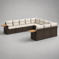Set divano da giardino modulabile 8 sedili in resina intrecciata PE, acciaio e legno, forma L, marrone e crema, 315 × 245 × 74 cm