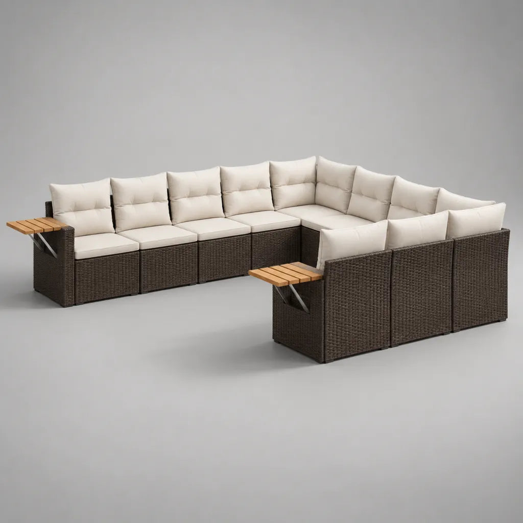 Set divano da giardino modulabile 8 sedili in resina intrecciata PE, acciaio e legno, forma L, marrone e crema, 315 × 245 × 74 cm