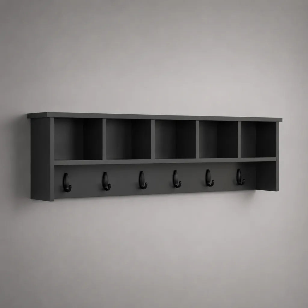 Ripiano a parete in legno e metallo nero, 5 scomparti e 6 pateras, 100 × 15 × 30 cm